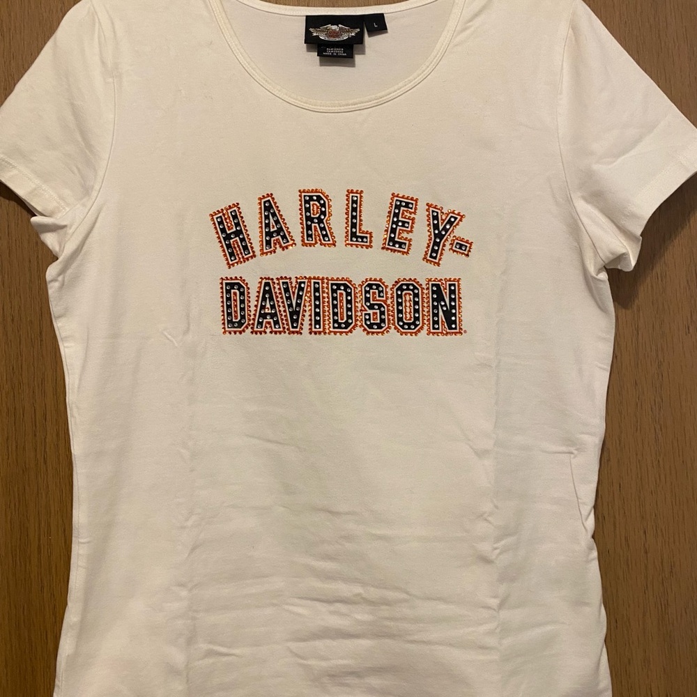 Harley-Davidson Women's White Tee with Orange and Black Rhinestone Accents